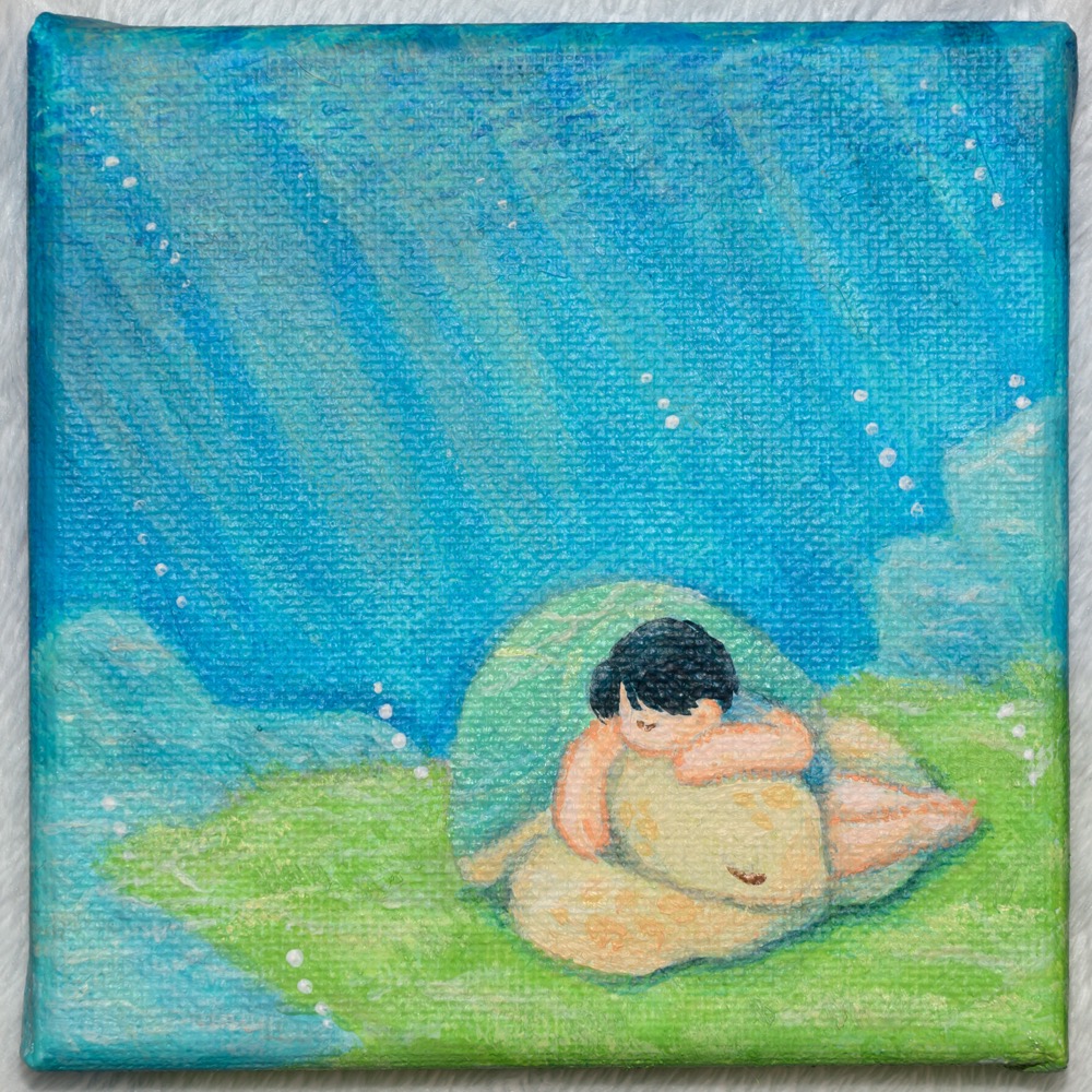 푸른 배경 위에 인물이 등장하는 작품