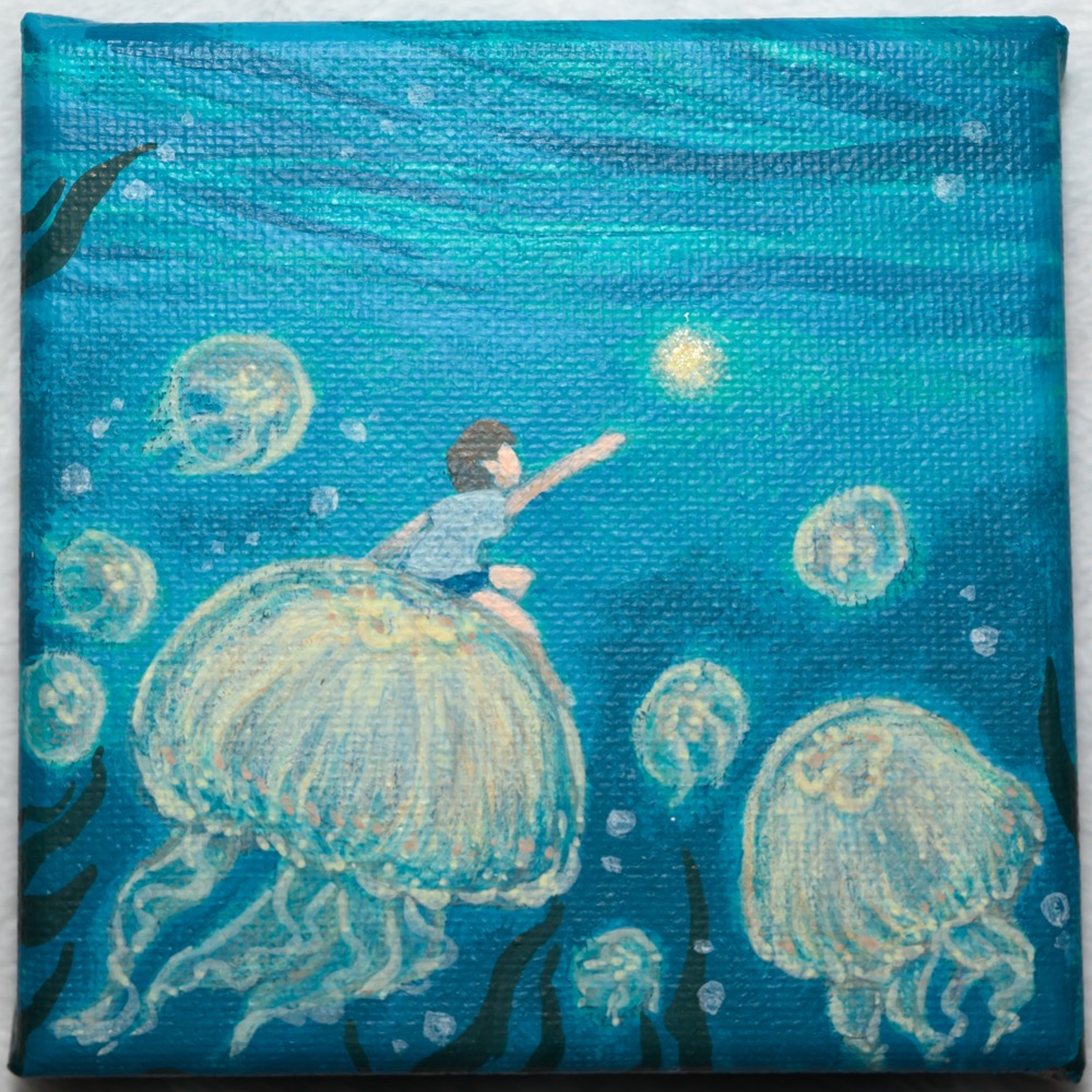 해파리 위에 앉은 인물을 그린 작품